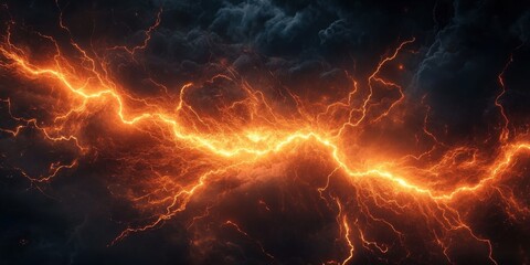 Powerful orange lightning bolt splitting the night sky