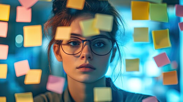 Focused young woman with glasses thoughtfully looks through sticky notes on a glass wall planning ideas for project management or brainstorming session, silhouette
