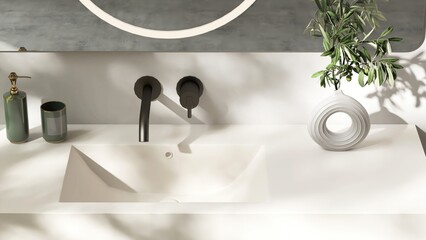 White stone quartz vanity bathroom counter, black faucet, large mirror with led light in sunlight...