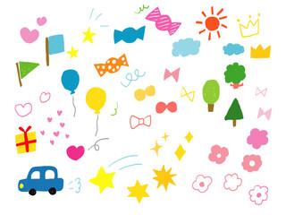 手描きイラストセット　アイコン　色鉛筆　カラフル