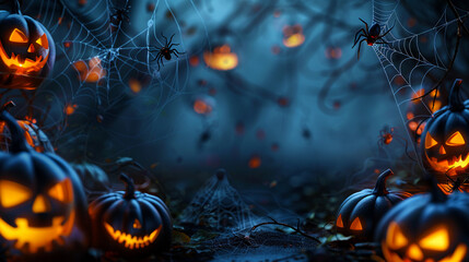 Whimsical Halloween border with cute jack-o'-lanterns, spiders, and spider webs on moody background