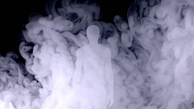 Mysterious figure emerging from dense swirling smoke in dramatic atmospheric scene