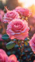 Macro flower image of radiant pink rose blooming in soft garden lighting during afternoon hour aesthetic floral photography for wallpaper background