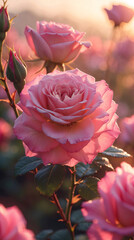 Macro flower portrait of blooming rose in soft pink tone under warm afternoon sunlight glow aesthetic floral photography for wallpaper background