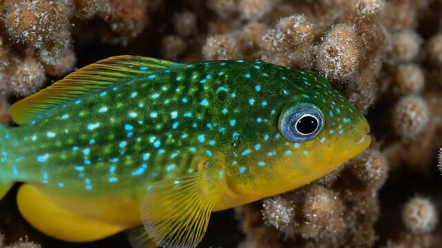 Vibrant yellow-green fish with blue spots emerges from coral reef in a stunning underwater shot