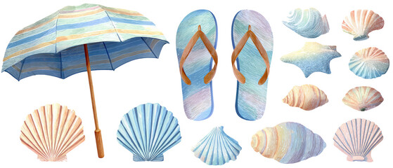 Fototapeta premium Pastel Beach Clipart Set – Umbrella, Flip Flops, and Shells