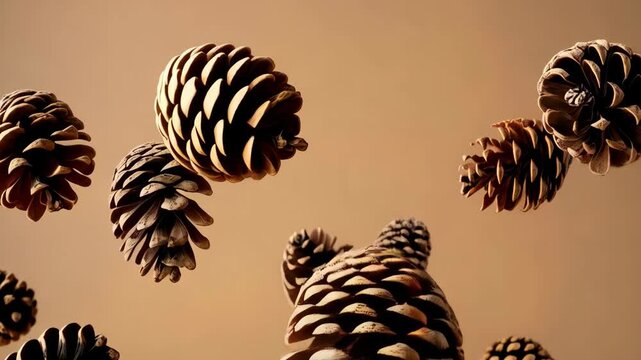 An array of pine cones floating in air against a warm brown gradient background casting light and shadows for a natural and festive holiday pattern