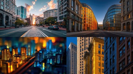 A collage of cityscapes, from grand avenues at dawn to architectural details & abstract glowing forms