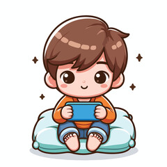 Cute boy cartoon vector playing smartphone