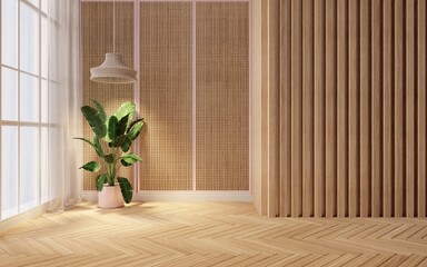 Empty room style minimalist interior design with wooden wall textures, vertical wooden slats and a large potted tropical plant placed near a window with sheer curtains.3d rendering