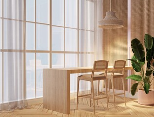 Japanese or minimalist style dining area with wooden furniture and hanging lamps. The view outside is reflected in the glass, creating a warm atmosphere.3d render