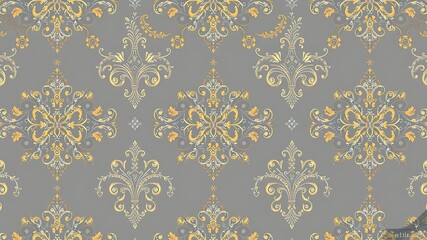 Elegant seamless pattern featuring golden baroque floral ornaments on a muted gray background