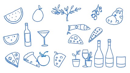 Hand drawn doodle food elements including drinks fruits cheese and decorative sprigs illustration