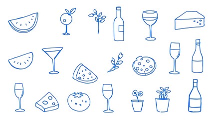 Hand drawn doodle elements illustrating food and beverage with minimalist sketched outline design.