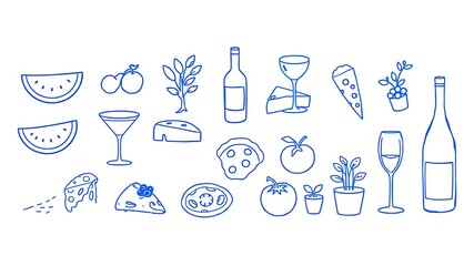 Hand drawn food and drink icons in blue perfect for menus and culinary designs
