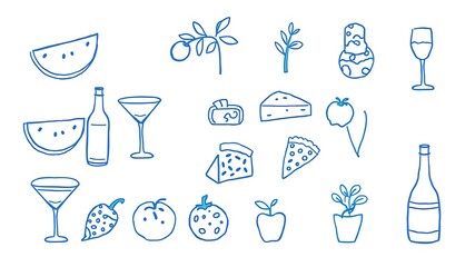 Hand drawn food and drink illustrations in blue with wine cocktails and fruits