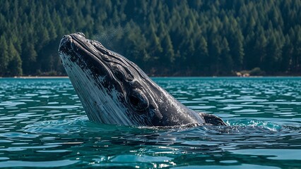 Fototapeta premium Humpback whale breaching in turquoise water.