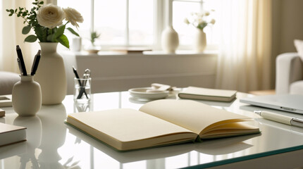 open book journal on white worktable near large window with office layout in clean daylight design theme setup interior design wallpaper background