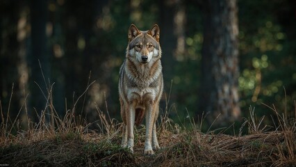 A lone wolf stands alert in a forest setting.
