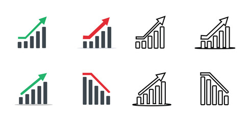 Graph going Up and Down sign with green and red arrows vector. Flat design vector illustration concept of sales bar chart symbol icon with arrow moving down and sales bar chart with arrow moving up.