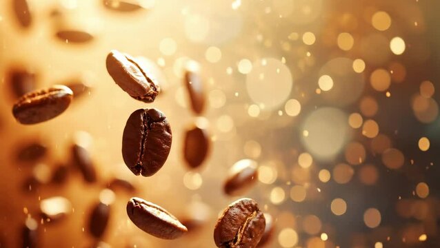 Dynamic close-up of coffee beans mid-air with a bokeh background, creating a lively and warm atmosphere, perfect for a coffee-themed video