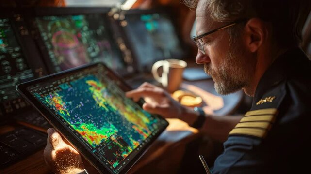Senior Airline Captain Reviewing Flight Charts on Tablet in Pilot Briefing Room