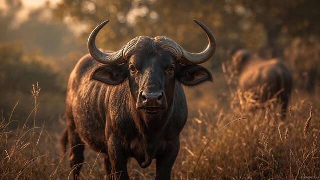 Close-up of a cape buffalo in a savanna.