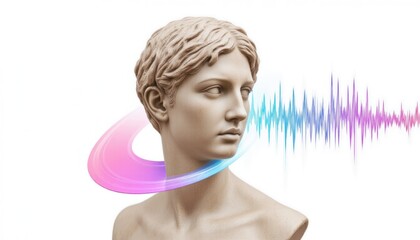 Sculpture with sound wave illustration and colorful swirl effects.