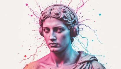 Digital art of a classical figure with headphones and colorful effects.