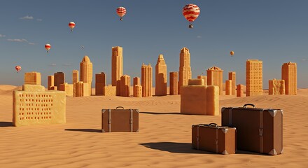 Cityscape in desert with suitcases and hot air balloons