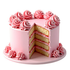 A pink frosted cake with a slice cut out showing the layers isolated on transparent background