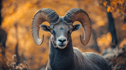 Portrait of a magnificent bighorn sheep with impressive curled horns amidst fall foliage