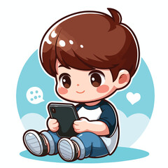 Cute boy cartoon vector playing smartphone
