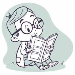 Cute boy reading book outdoors happy child cartoon illustration