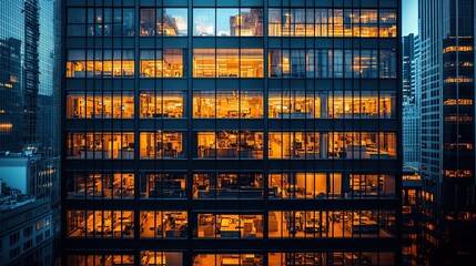 Illuminated Office Building at Night Cityscape Skyscraper Architecture Urban Scene, silhouette