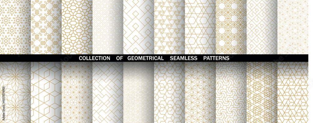 Poster Geometric set of seamless golden and white patterns. Simple vector graphics