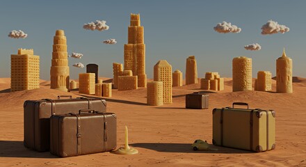 Desert City Made of Cheese with Vintage Suitcases