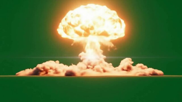 Nuclear Bomb Explosion with Mushroom Cloud on Green Screen Background