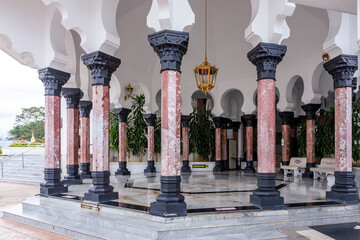 Beautiful colonnade in the Ubudiah Mosque in Kuala Kangsar, Perak, Malaysia