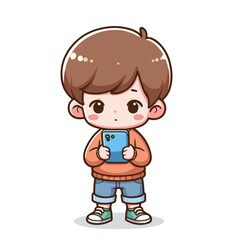 Cute boy cartoon vector playing smartphone