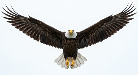 Naklejka premium Majestic Bald Eagle in Flight Wings Spread Wide Against a White Background