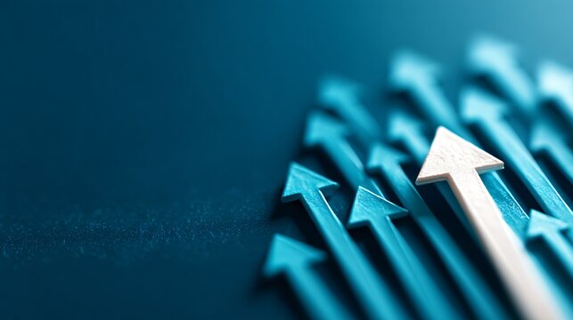 A white arrow leading a group of blue arrows, symbolizing leadership, business success, and moving forward