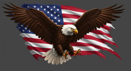 Naklejka premium American Bald Eagle Soaring Through Ripped American Flag