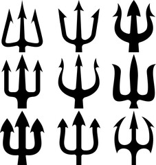 Set of illustrations of trident. Neptune trident. Design element for logo, label, sign, emblem, poster. Vector illustration