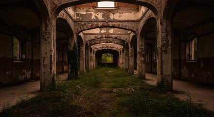 Fototapeta premium Decaying Arches: Overgrown Interior of Abandoned Structure with Natural Light