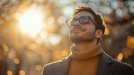 Serene Man Enjoying Autumn Sunlight Peaceful Nature Scene Man with Glasses Outdoors Golden Hour Tranquility, silhouette