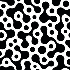 A seamless black and white pattern design featuring abstract geometric shapes and modern minimalistic elements. Ideal for use in backgrounds, wallpapers, textile prints, packaging, and web design. The