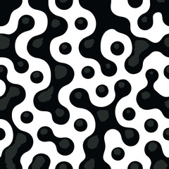 A seamless black and white pattern design featuring abstract geometric shapes and modern minimalistic elements. Ideal for use in backgrounds, wallpapers, textile prints, packaging, and web design. The