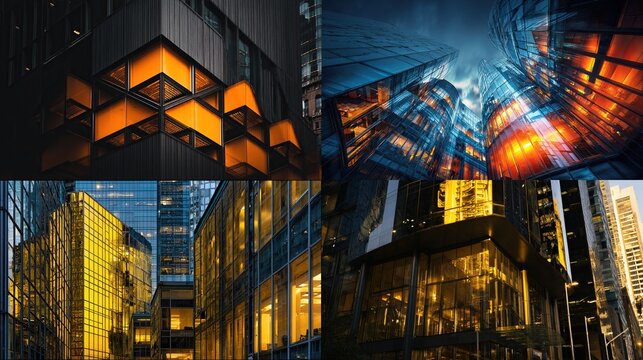 A quadriptych showing four distinct, dramatic architectural shots of buildings with a focus on modern facades and lights