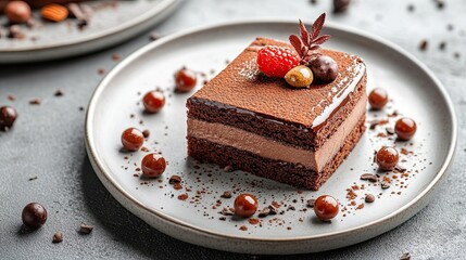 Indulge in this decadent chocolate cake dessert a rich layered masterpiece adorned with fresh raspberries and chocolate spheres a perfect treat for any occasion, silhouette